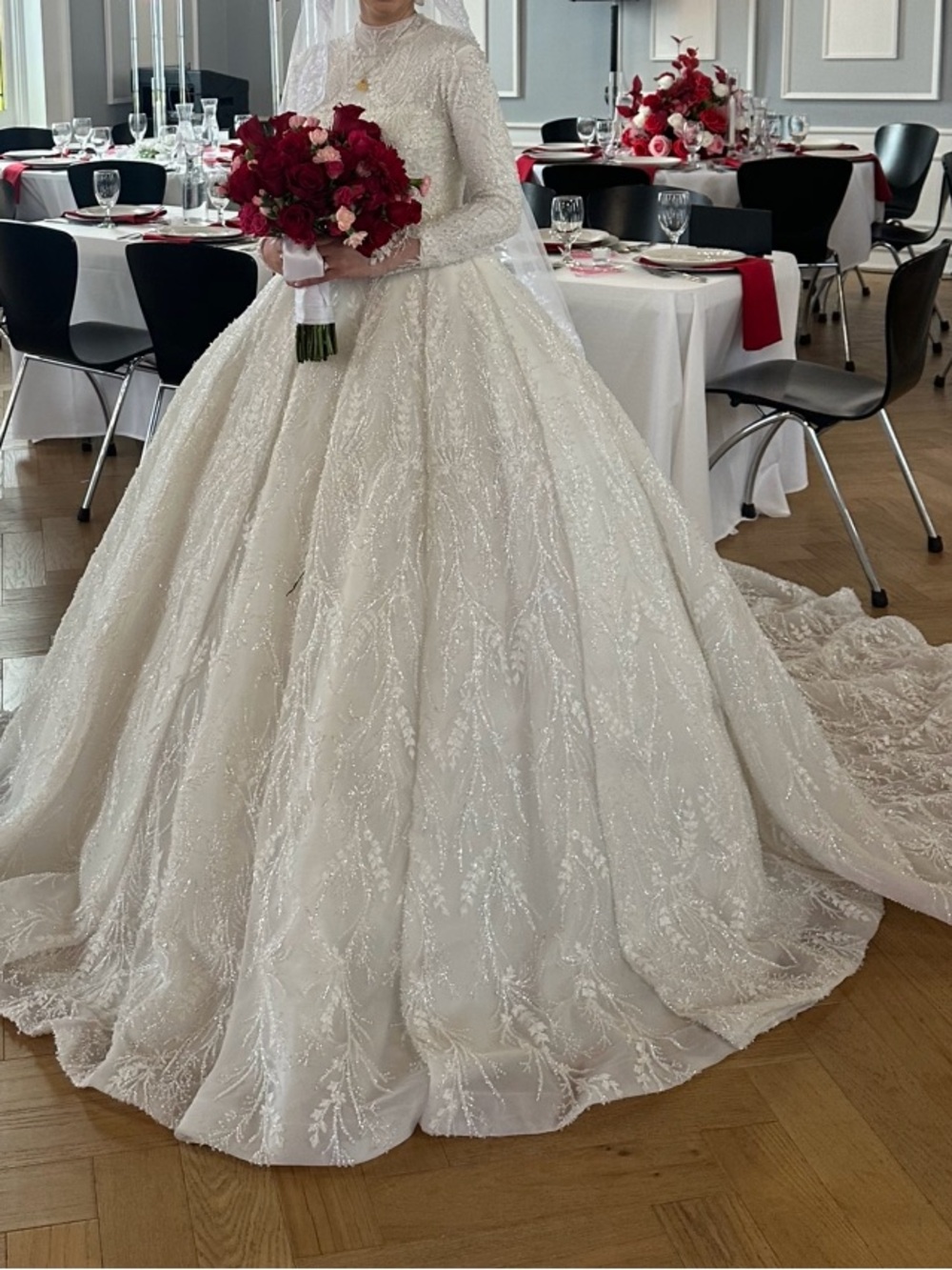 Elegant Beaded Long-Sleeve Ball Gown Wedding Dress in Ivory